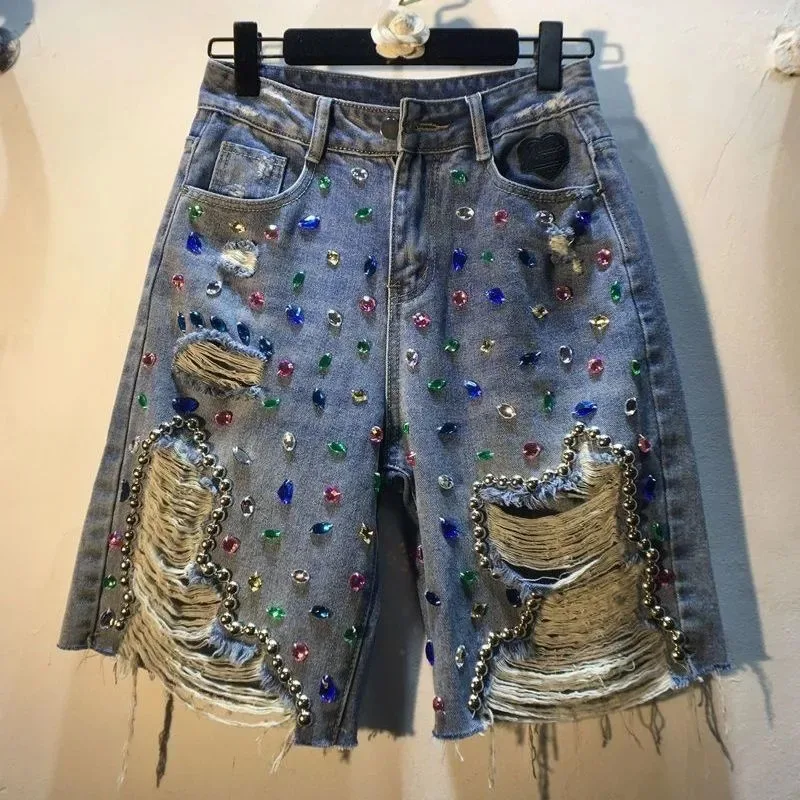 Embroidery Jeans Sakura - 2025 verão calças curtas de cintura