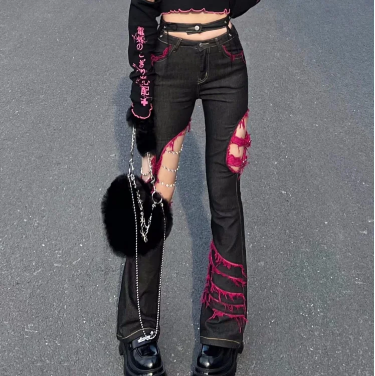 Embroidery Jeans Sakura - Jeans Preto Japonês Punk Girl, Subcultura,