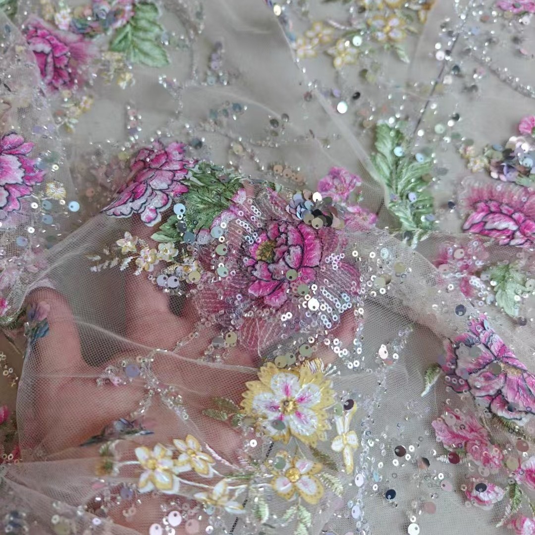 Embroidery Beads - Tecido de Renda Luxuosa com Contas