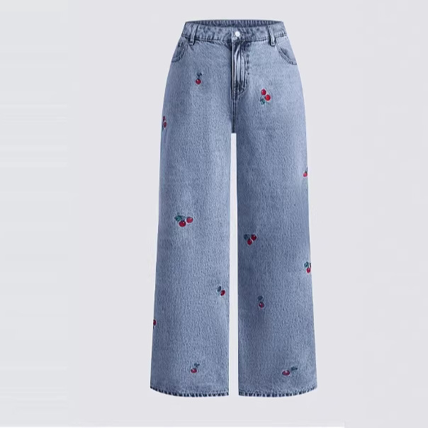 Embroidery Jeans Sakura - Calça Jeans Feminina Retrô Lavada com