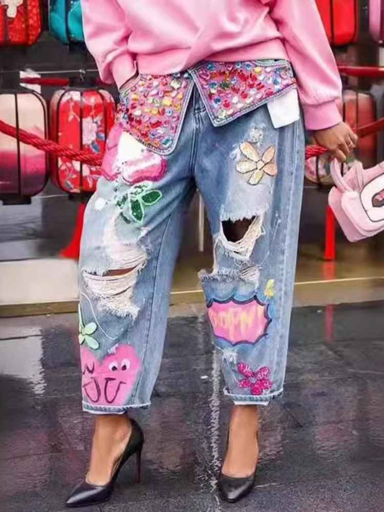 Mulheres chiques primavera flo - Embroidery Jeans Sakura avaliação e preço