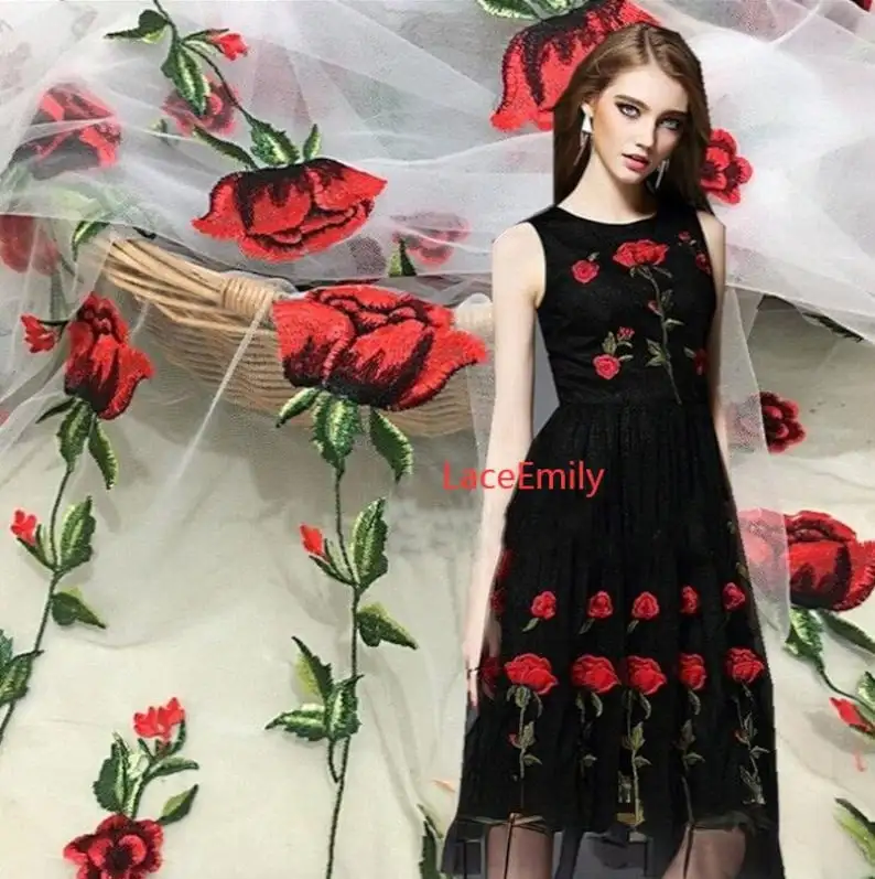 Tecido de renda rosa vermelha  - Embroidery Rose avaliação e preço