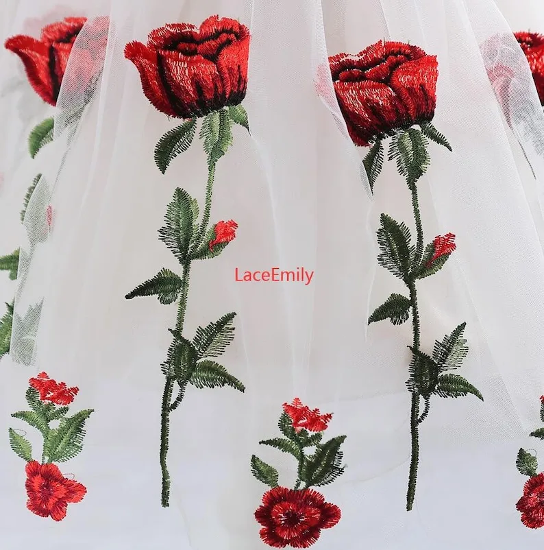 Tecido de renda rosa vermelha  - Embroidery Rose avaliação e preço